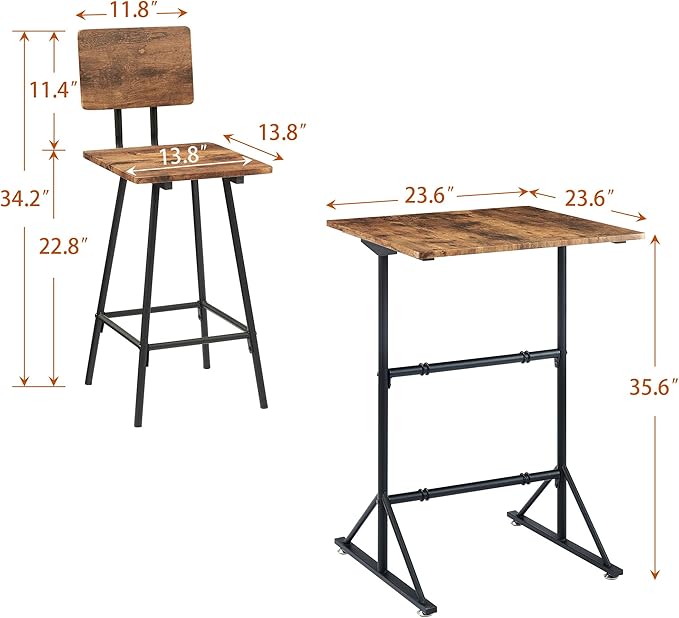 VECELO 3-Piece bar table bistro of 2 breakfast nook kitchen for pub small dining height high top with stools sofa square island indoor corner chair dinette space counter sets cafe outdoor, Brown - LeafyLoom