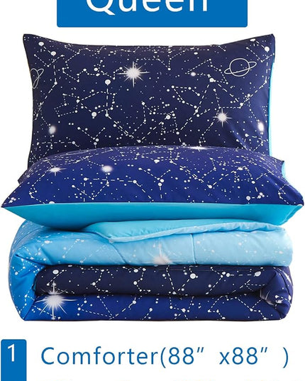 KAKKI Blue Ombre Glitter Galaxy Comforter Set Queen for Boys Girls, Sparkle Constellation Starry Sky Comforter for Kids Teen, 3pc Soft Bedding with 2 Pillow Cases for All Season - LeafyLoom