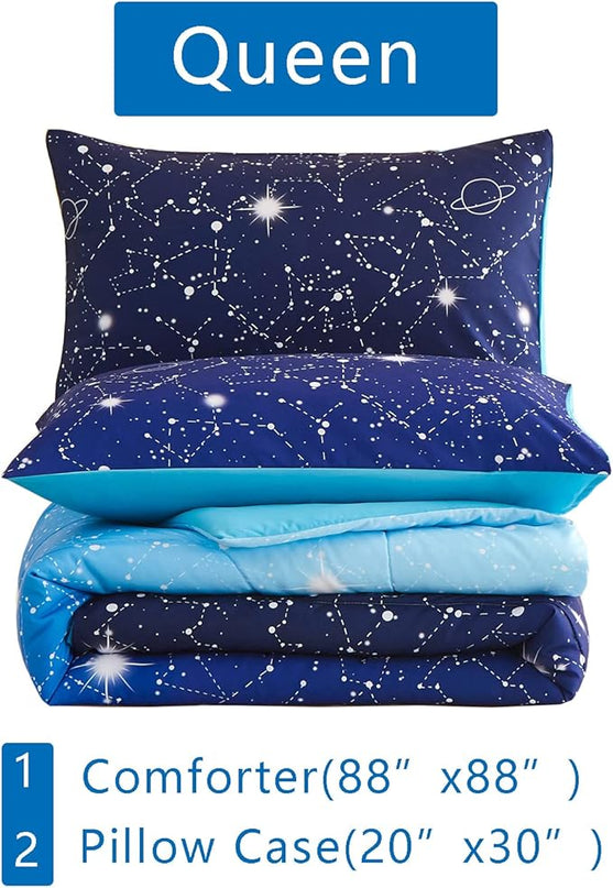 KAKKI Blue Ombre Glitter Galaxy Comforter Set Queen for Boys Girls, Sparkle Constellation Starry Sky Comforter for Kids Teen, 3pc Soft Bedding with 2 Pillow Cases for All Season - LeafyLoom