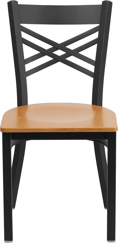 Flash Furniture HERCULES Series Black ''X'' Back Metal Restaurant Chair - Natural Wood Seat - LeafyLoom