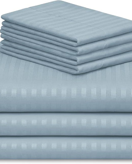 LuxClub 7 PC Split King Size Sheet Set Bed Sheets, Breathable Luxury Bed Sheets, Deep Pockets 18" Wrinkle Free Cooling Bed Sheets Machine Washable Hotel Bedding (Split King, Striped Light Blue) - LeafyLoom