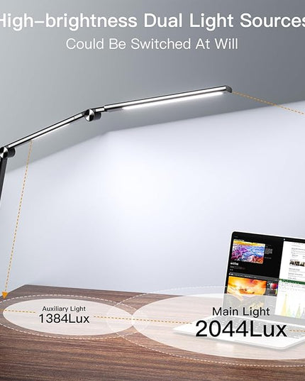 LED Desk Lamp, Desk Light for Home Office, Dual Light Source, Eye-Caring Optical Lens, 5 Color Modes & Brightness, 18W Brightest, Swing Arm Office Lamp, Puzzle Light, Clamp Lamp, Black - LeafyLoom