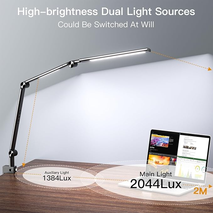 LED Desk Lamp, Desk Light for Home Office, Dual Light Source, Eye-Caring Optical Lens, 5 Color Modes & Brightness, 18W Brightest, Swing Arm Office Lamp, Puzzle Light, Clamp Lamp, Black - LeafyLoom