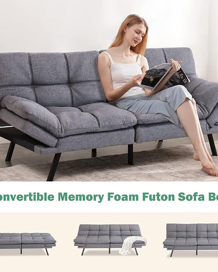 Futon Bed/Couch,Grey Polyester Memory Foam Small Splitback, Easy-Convert Backrests&Armrests,Stain-Resistant Fabric Sofas, 71x33x31.5 - LeafyLoom