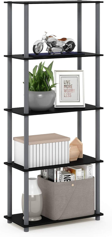 Furinno Turn-N-Tube 5-Tier Multipurpose Shelf / Display Rack / Storage Shelf / Bookshelf, Round Tubes, Black/Grey - LeafyLoom