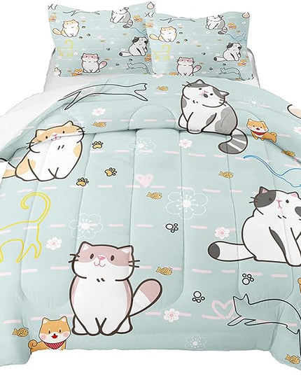 Cartoon Cat Bedding Set, Girls Super Soft Comforter Set Queen Size, Cute Cats Printed Quilt for Kids Teen, Lovely Blue Microfiber Comforter for All Season 3Pcs with Pillowcases - LeafyLoom