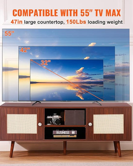 VEVOR Rattan TV Stand, Boho TV Cabinet for 55 inch TV, Mid Century Modern TV Stand, Rattan TV Console with Adjustable Shelfs for Living Room, Media Room, Walnut - LeafyLoom