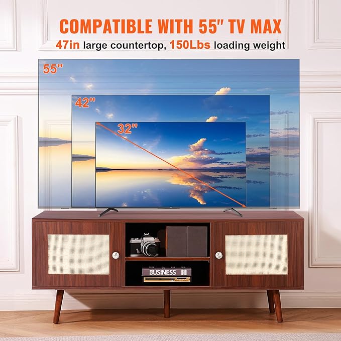 VEVOR Rattan TV Stand, Boho TV Cabinet for 55 inch TV, Mid Century Modern TV Stand, Rattan TV Console with Adjustable Shelfs for Living Room, Media Room, Walnut - LeafyLoom
