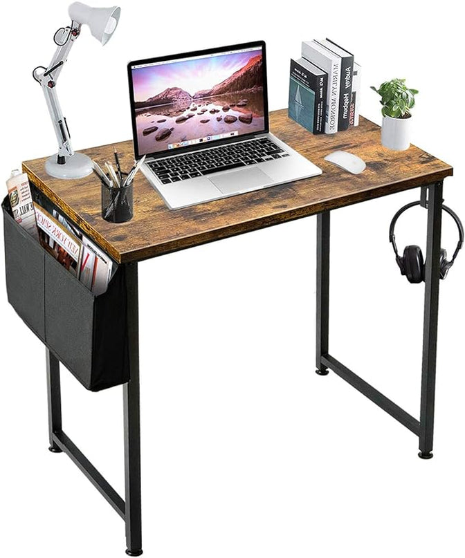 Lufeiya Small Computer Desk Study Table for Small Spaces Home Office 31 Inch Rustic Student Laptop PC Writing Desks with Storage Bag Headphone Hook,Brown - LeafyLoom
