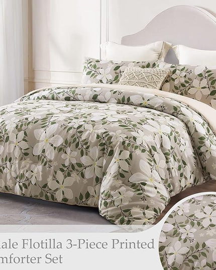 Whale Flotilla Queen Full Comforter Set, Soft Reversible Beige Bedding Comforter Set with Botanical Pattern, 1 Micoriber Printed Comforter and 2 Pillow Shams, 3 Pieces - LeafyLoom