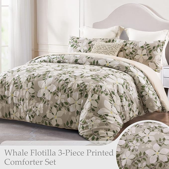 Whale Flotilla Queen Full Comforter Set, Soft Reversible Beige Bedding Comforter Set with Botanical Pattern, 1 Micoriber Printed Comforter and 2 Pillow Shams, 3 Pieces - LeafyLoom
