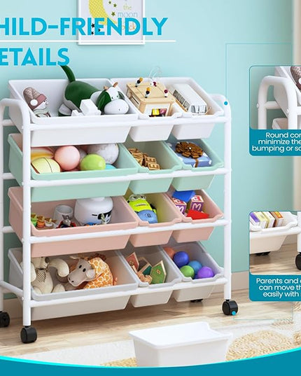 Kids Toy Storage Organizer with 12 Plastic Bins, 4-Tier Metal Toy Storage Rack, Metal Toy Organizer with Storage Bins for Kids Room, Playroom and Nursery, Multi-Color - LeafyLoom