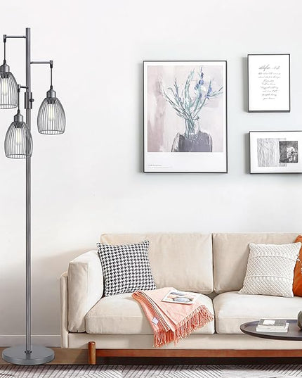 Dimmable Industrial Floor Lamps for Living Room, Gray Tree Standing Tall Lamps with 3 Elegant Teardrop Cage Head & 800 Lumens LED Bulbs for Bedroom Office - LeafyLoom