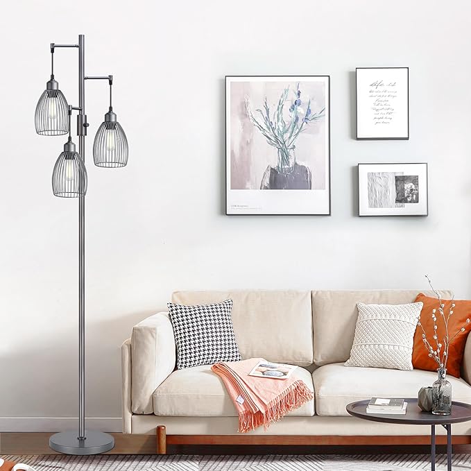 Dimmable Industrial Floor Lamps for Living Room, Gray Tree Standing Tall Lamps with 3 Elegant Teardrop Cage Head & 800 Lumens LED Bulbs for Bedroom Office - LeafyLoom