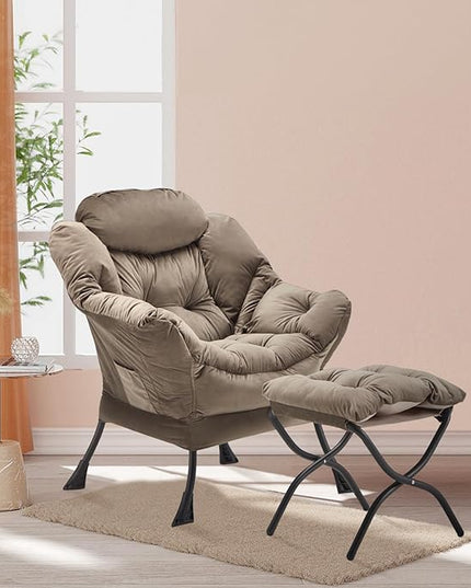 Lazy Chair with Folding Ottoman, Accent Chair Velvet Upholstered with Metal Structure and Non-Slip Pads, Sofa Armchair with Footrest and Side Storage Bag for Dorm, Room, Office, Dark Gray - LeafyLoom