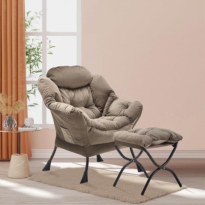 Lazy Chair with Folding Ottoman, Accent Chair Velvet Upholstered with Metal Structure and Non-Slip Pads, Sofa Armchair with Footrest and Side Storage Bag for Dorm, Room, Office, Dark Gray - LeafyLoom
