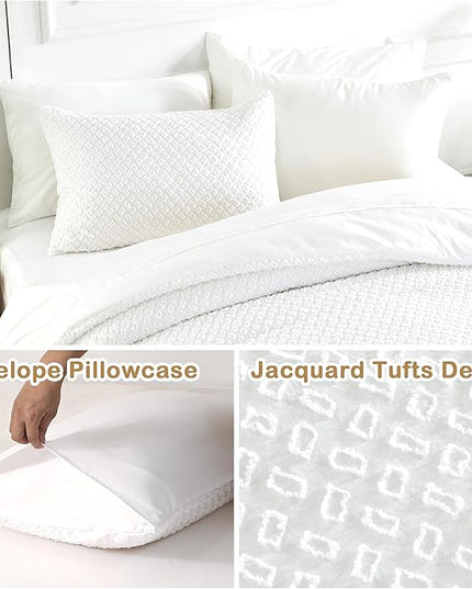 Queen Size Tufted Kids Comforter Set 7 Piece White Jacquard Tufts Embroidery Bedding Set for Boys Girls Bed in A Bag Quilt with 1 Comforter, 1 Flat Sheet, 1 Fitted Sheet, 2 Pillowcase, 2 Pillow Sham - LeafyLoom