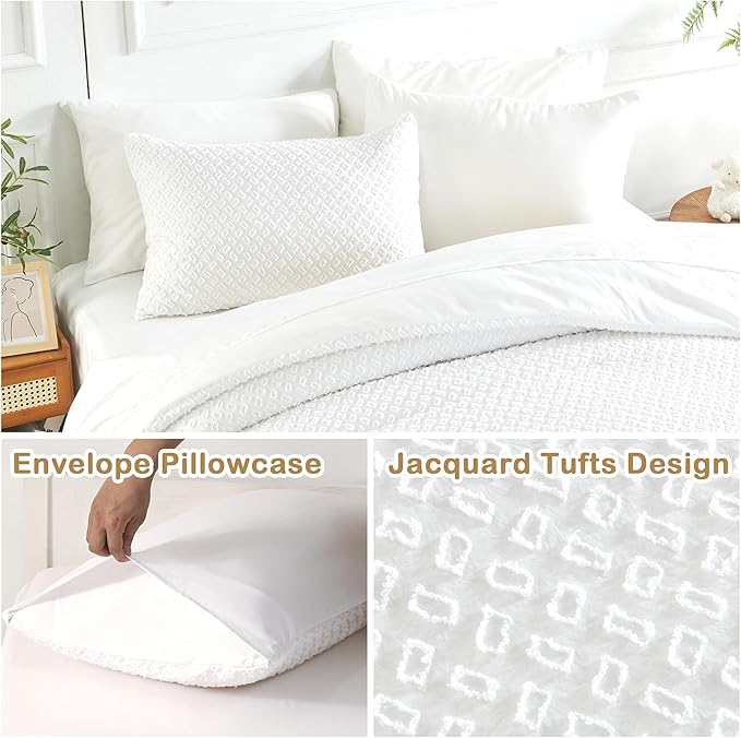 Twin Size Kids Comforter Set 6 Piece White Tufted Bedding Set for Boys Girls Jacquard Tufts Embroidery Bed in A Bag Quilt with 1 Comforter, 1 Flat Sheet, 1 Fitted Sheet, 1 Pillowcase and 2 Pillow Sham - LeafyLoom