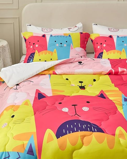 Wajade Kids Cute Cats Comforter Set Bed in A Bag Twin Size 7 Piece Colorful Cartoon Pet Cats Bedding Set for Boys Girls (1 Comforter, 1 Flat Sheet, 1 Fitted Sheet, 2 Pillowcase and 2 Pillow Sham) - LeafyLoom
