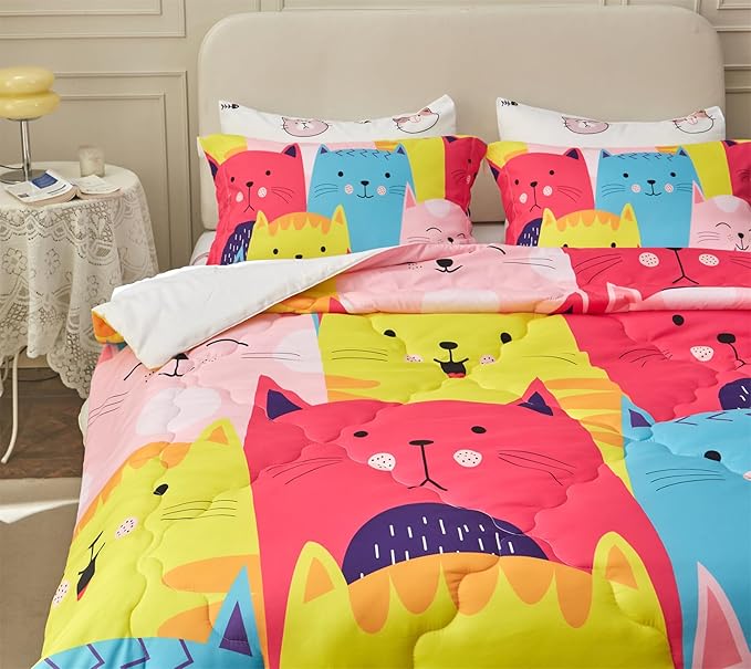 Wajade Kids Cute Cats Comforter Set Bed in A Bag Twin Size 7 Piece Colorful Cartoon Pet Cats Bedding Set for Boys Girls (1 Comforter, 1 Flat Sheet, 1 Fitted Sheet, 2 Pillowcase and 2 Pillow Sham) - LeafyLoom