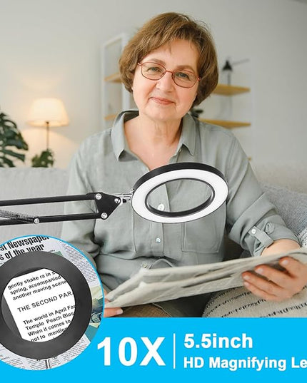 8X Magnifying Glass with Light and Stand, 3 Color Temperatures, Adjustable Brightness Magnifying Floor Lamp, Swing Arm Lighted Magnifier for Reading, Crafts and Close Work - LeafyLoom