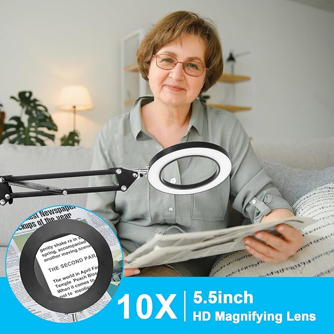 8X Magnifying Glass with Light and Stand, 3 Color Temperatures, Adjustable Brightness Magnifying Floor Lamp, Swing Arm Lighted Magnifier for Reading, Crafts and Close Work - LeafyLoom