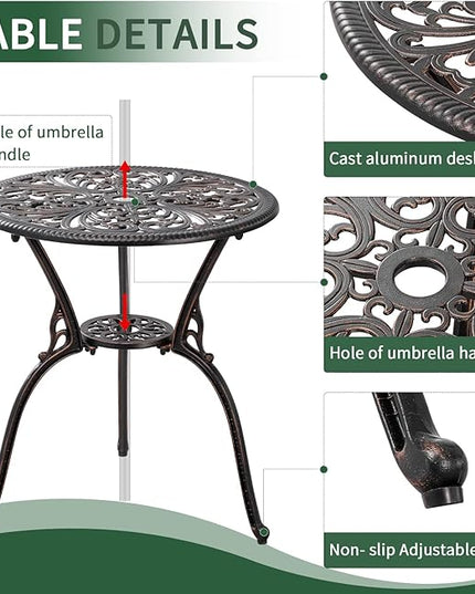 Outdoor Bistro Set 3 Piece Patio Bistro Set with Umbrella Hole, Weather Resistant Bistro Table and Chairs Set of 2 for Porch Garden, Bronze - LeafyLoom
