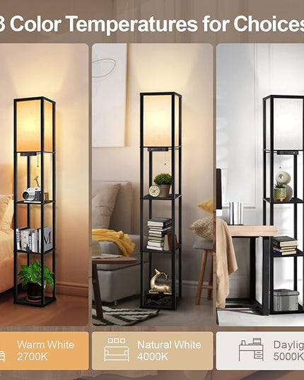 OUTON Floor Lamp with Shelves, LED Shelf Floor Lamp with 1 USB & 1 Type C Ports, 1 AC Outlet, 3 Color Temperature, Storage Display Wood Column Tall Standing Lamp for Living Room, Bedroom Office, Black - LeafyLoom