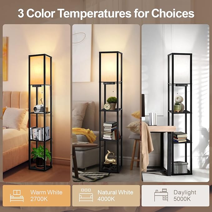 OUTON Floor Lamp with Shelves, LED Shelf Floor Lamp with 1 USB & 1 Type C Ports, 1 AC Outlet, 3 Color Temperature, Storage Display Wood Column Tall Standing Lamp for Living Room, Bedroom Office, Black - LeafyLoom