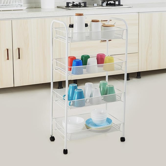 SUBMARINE 4 Tier Rolling Cart, Household Storage Rolling Cart, Rolling Carts with Wheels, Storage Shelves for Kitchens, Bathrooms, Bedrooms, Cabinets, Small Space Storage Cart - LeafyLoom