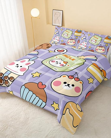 Kawaii Bear Comforter Set for Kids Teens Girls Women,Purple Bear Kids Comforter,1 Comforter with 2 Pillowcase, Microfiber 3 Piece Bedding Set,for All Seasons(Purple，Twin Size) - LeafyLoom