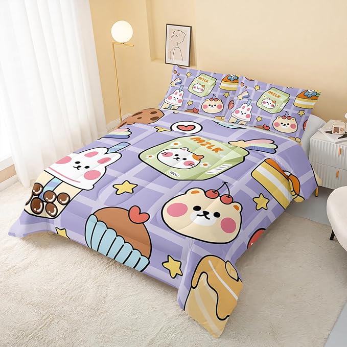 Kawaii Bear Comforter Set for Kids Teens Girls Women,Purple Bear Kids Comforter,1 Comforter with 2 Pillowcase, Microfiber 3 Piece Bedding Set,for All Seasons(Purple，Twin Size) - LeafyLoom