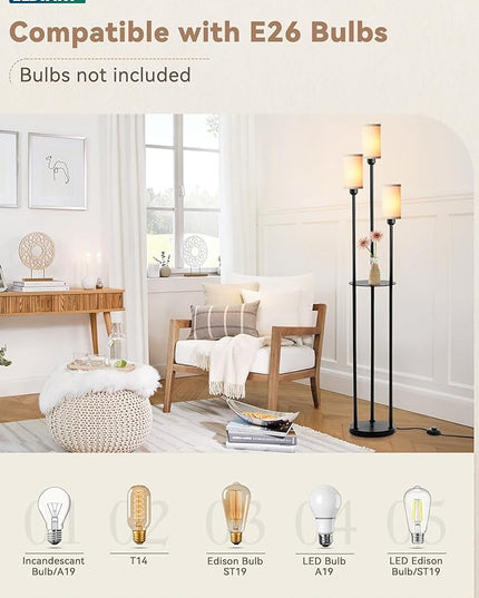 LEDIARY 65" Floor Lamp for Living Room 3-Light Modern Floor Lamps with Shelves, Linen Shades Standing Lamp with On/Off Foot Switch for Bedroom, Black Tall Lamp for Office Corner - LeafyLoom