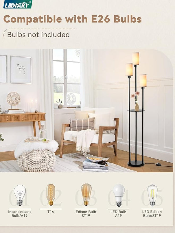 LEDIARY 65" Floor Lamp for Living Room 3-Light Modern Floor Lamps with Shelves, Linen Shades Standing Lamp with On/Off Foot Switch for Bedroom, Black Tall Lamp for Office Corner - LeafyLoom