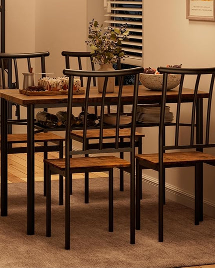 IDEALHOUSE Dining Table Set for 4, Kitchen Table and Chairs for 4 with Wine Rack, Sturdy Rectangular Kitchen Table Set, Dining Room Table Set for Small Space, Apartment, Dinner, Retro Brown - LeafyLoom