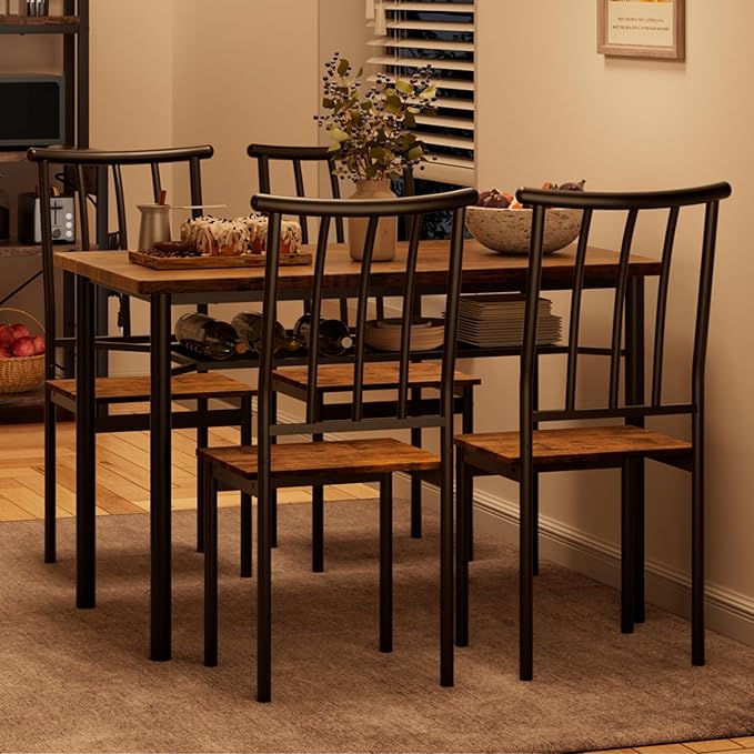 IDEALHOUSE Dining Table Set for 4, Kitchen Table and Chairs for 4 with Wine Rack, Sturdy Rectangular Kitchen Table Set, Dining Room Table Set for Small Space, Apartment, Dinner, Retro Brown - LeafyLoom
