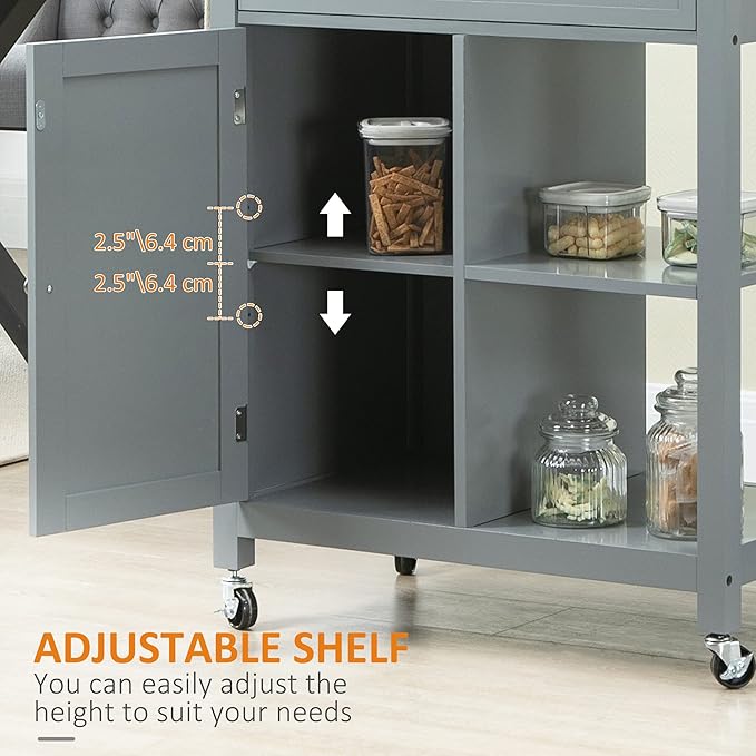 HOMCOM Kitchen Island Cart, Rolling Kitchen Island with Storage Shelf, Solid Wood Top, Drawer, for Dining Room, Gray - LeafyLoom