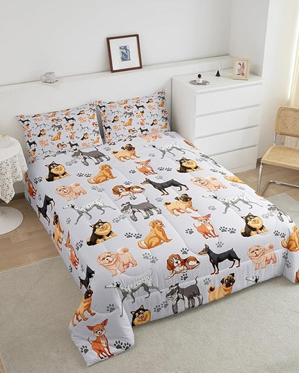 Kids Cute Dog Comforter Set Toddler Cartoon Dogs Bedding Set for Boys Girls Children Pet Dog Puppy Animal Lover Comforter Lovely Dog Paw Down Alternative Comforter for All Season Room Decor Twin Size - LeafyLoom