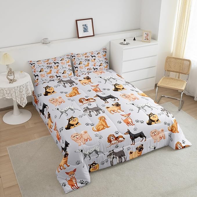 Kids Cute Dog Comforter Set Toddler Cartoon Dogs Bedding Set for Boys Girls Children Pet Dog Puppy Animal Lover Comforter Lovely Dog Paw Down Alternative Comforter for All Season Room Decor Twin Size - LeafyLoom