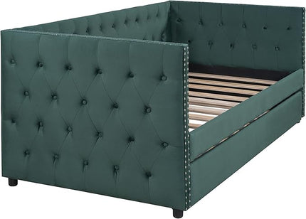 Twin Size Tufted Upholstered Daybed with Trundle, Solid Wood Velvet Bed with Rivet Design, No Box-spring Needed, for Living Room, Bedroom, Dorm, Space-Saving Design - LeafyLoom