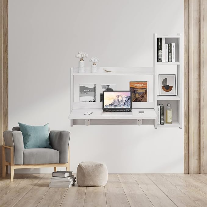 Pmnianhua Floating Desk,41'' Wall Mounted Desk Fold Down Laptop Desk Folding Space Saving Table Workstation with Storage Shelves for Bedroom Study Room Small Space (Off White-Right) - LeafyLoom