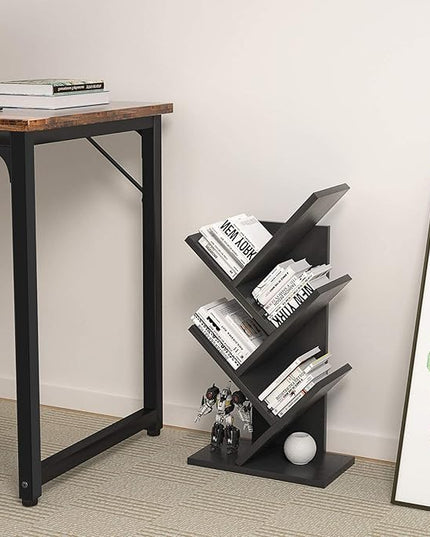 Topfurny Tree Bookshelf, 4-Tier Book Storage Organizer Shelves Floor Standing Bookcase, Wood Storage Rack for Office Home School Shelf Display for Cd/Magazine/Book -Black - LeafyLoom