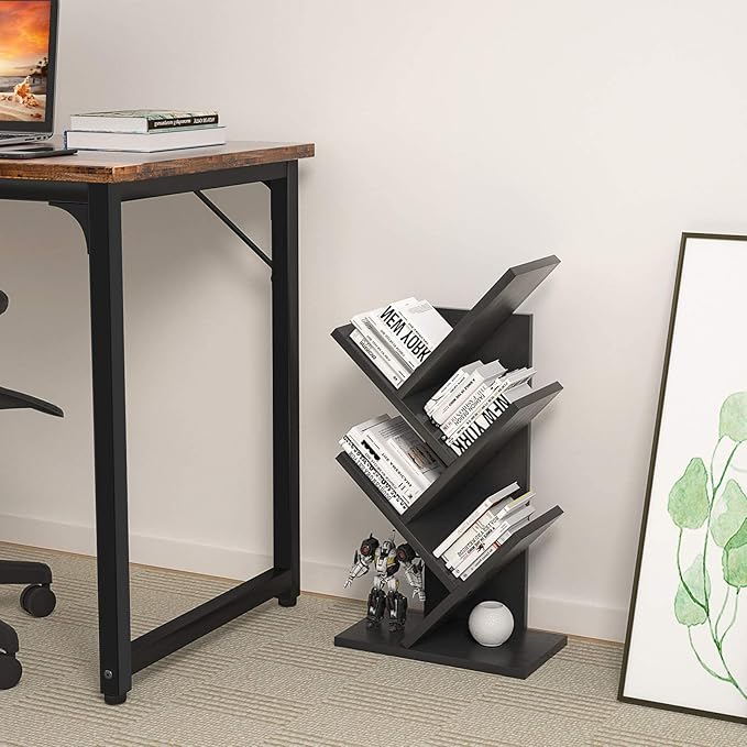 Topfurny Tree Bookshelf, 4-Tier Book Storage Organizer Shelves Floor Standing Bookcase, Wood Storage Rack for Office Home School Shelf Display for Cd/Magazine/Book -Black - LeafyLoom