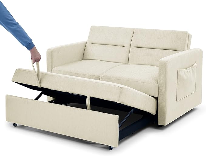 3 in 1 Sleeper Sofa Bed,Contemporary Minimalist Style 2 Seater Loveseat Convertible Sofa&Couch with Pull Out Sofabed and Side Storage Pockets for Home,Office,Apartment,RV Living Room Furniture - LeafyLoom