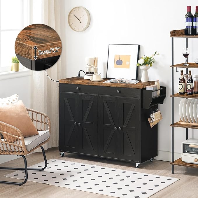 HOOBRO 43.3 Inch Kitchen Island with Charging Station, Rolling Kitchen Island with Storage, Kitchen Island Cart with Spice Rack and Hooks, for Kitchen, Living Room, Rustic Brown and Black BF11UZD01 - LeafyLoom