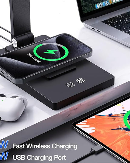 Desk Lamp with Wireless Charger USB Charging Port,LED Desk Lamps for Home Office,Small Table Lamp Study Desk Light,15 Lighting Modes,Morden Desk Lamp for College Dorm Room Essentials(Adapter Included) - LeafyLoom