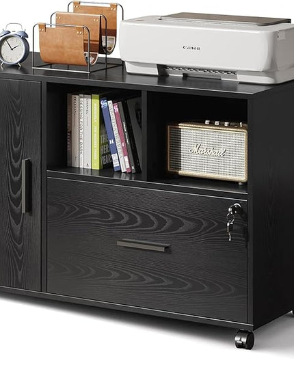 DEVAISE Office File Cabinet with Lock, 1-Drawer Wood Lateral Filing Cabinet on Wheels, Printer Stand with Open Storage Shelves for Home Office, Black - LeafyLoom
