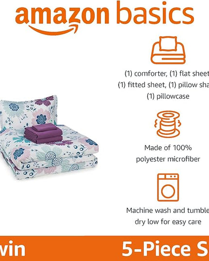 Amazon Basics 5 Piece Microfiber Kid's Bed-in-a-Bag Bedding Set, Twin, Bluish Flowers, Floral - LeafyLoom
