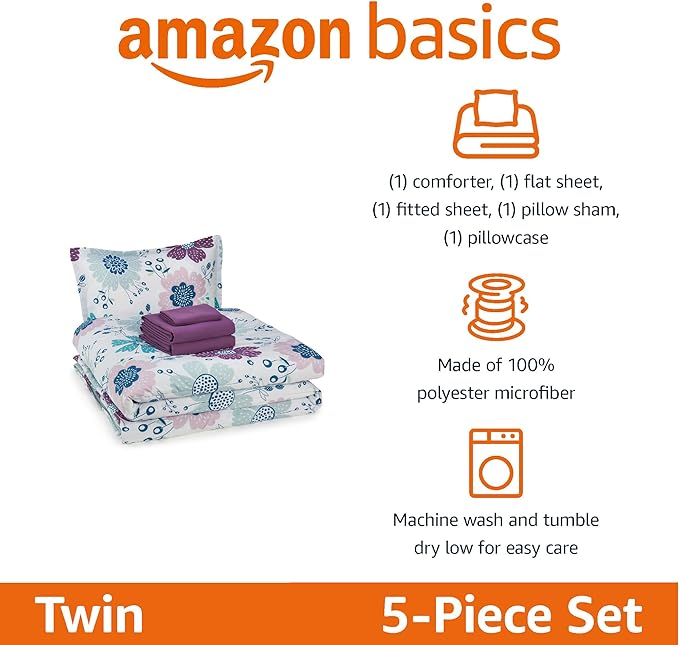 Amazon Basics 5 Piece Microfiber Kid's Bed-in-a-Bag Bedding Set, Twin, Bluish Flowers, Floral - LeafyLoom