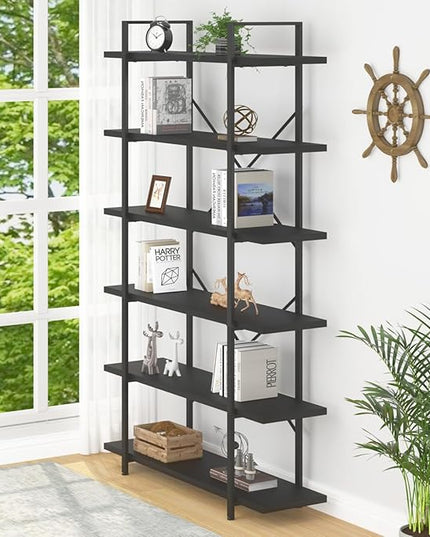 HSH 6 Tier Tall Black Bookshelf, Modern Large Storage Book Shelves & Display Book Shelf,Industrial Open Vertical Metal and Wood Black Bookcases 6 Shelf for Bedroom Living Room Office, Black Oak - LeafyLoom